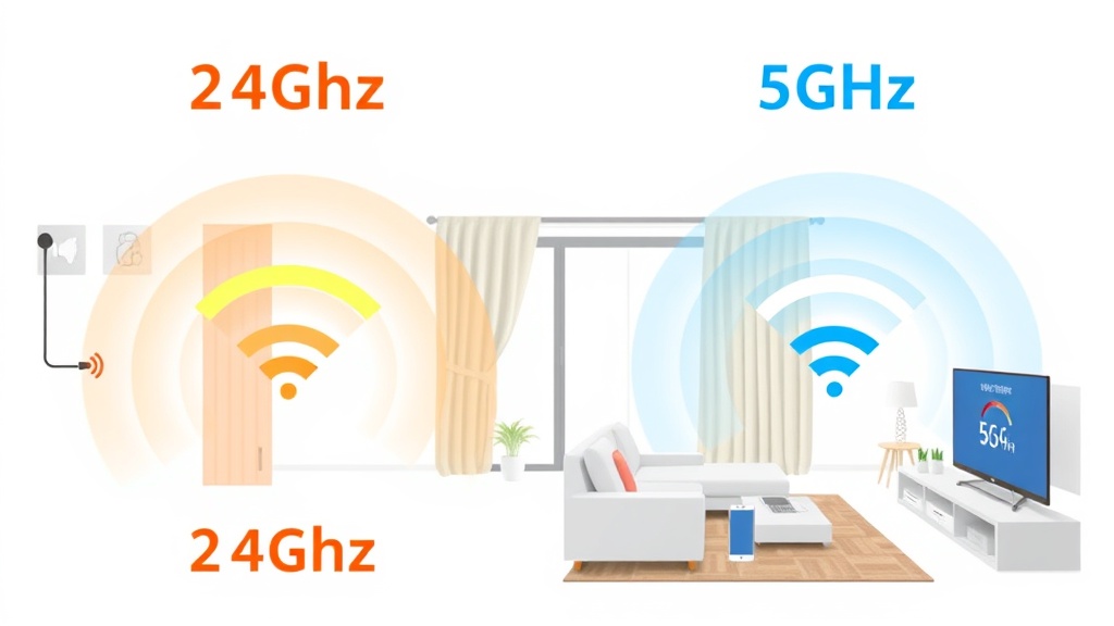 Comparison of 5GHz and 2.4GHz WiFi bands showing speed versus range trade-offs in a modern home